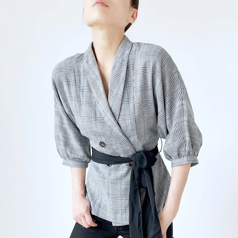PLAID SLIM  BLAZER TOP - Picture 5 of 12